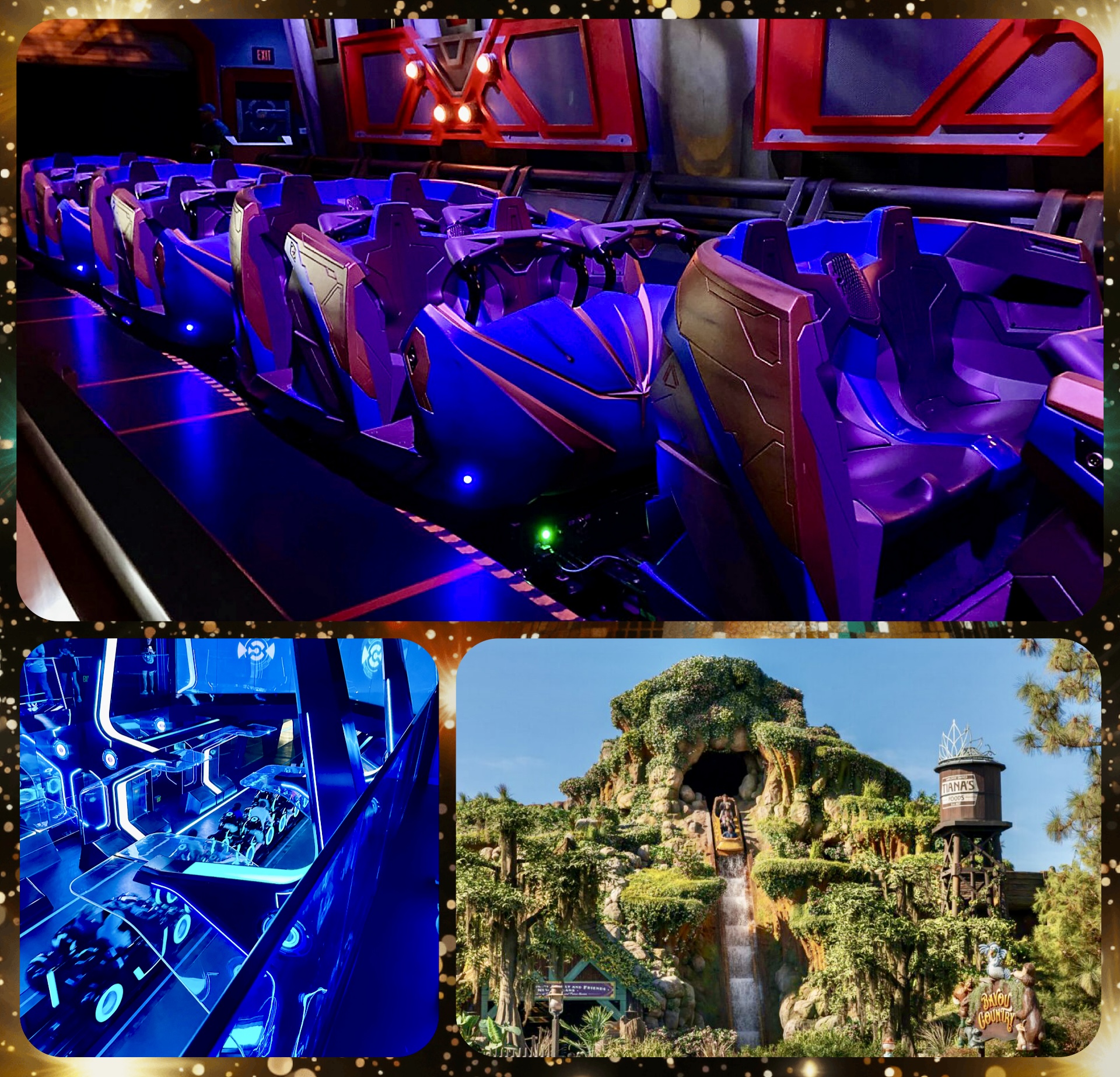 Collage of Guardians of the Galaxy: Cosmic Rewind vehicles, TRON Lightcycle Run launch, and Tiana’s Bayou Adventure façade