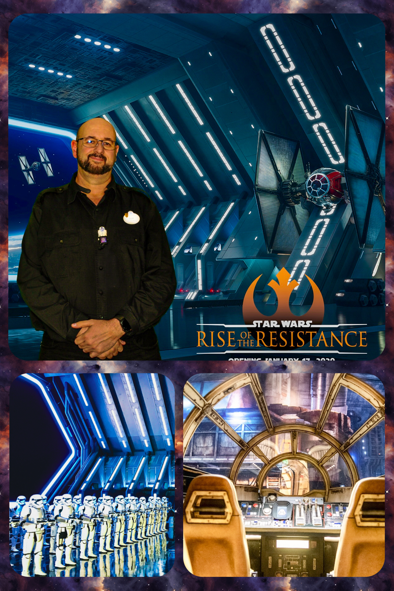 Collage showing Rise of the Resistance hangar, Millennium Falcon cockpit, and project involvement