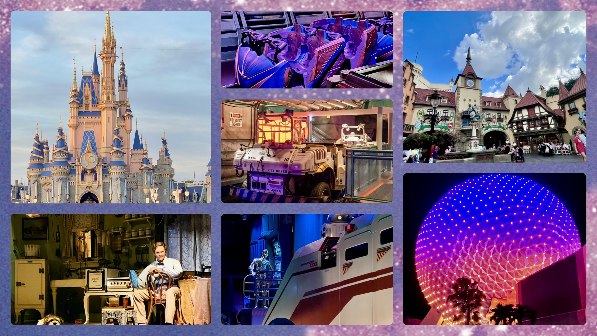 Collage of key Disney attractions including Guardians, TRON, Tiana’s, Dinosaur, Carousel of Progress, Star Tours, and EPCOT landmarks